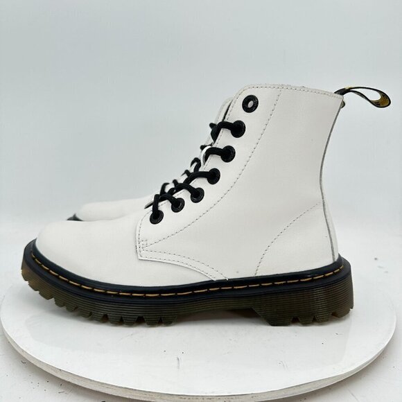 Dr. Martens Shoes - Dr. Martens Luana Women Size 5 White Leather Yellow Stitching Combat Boot